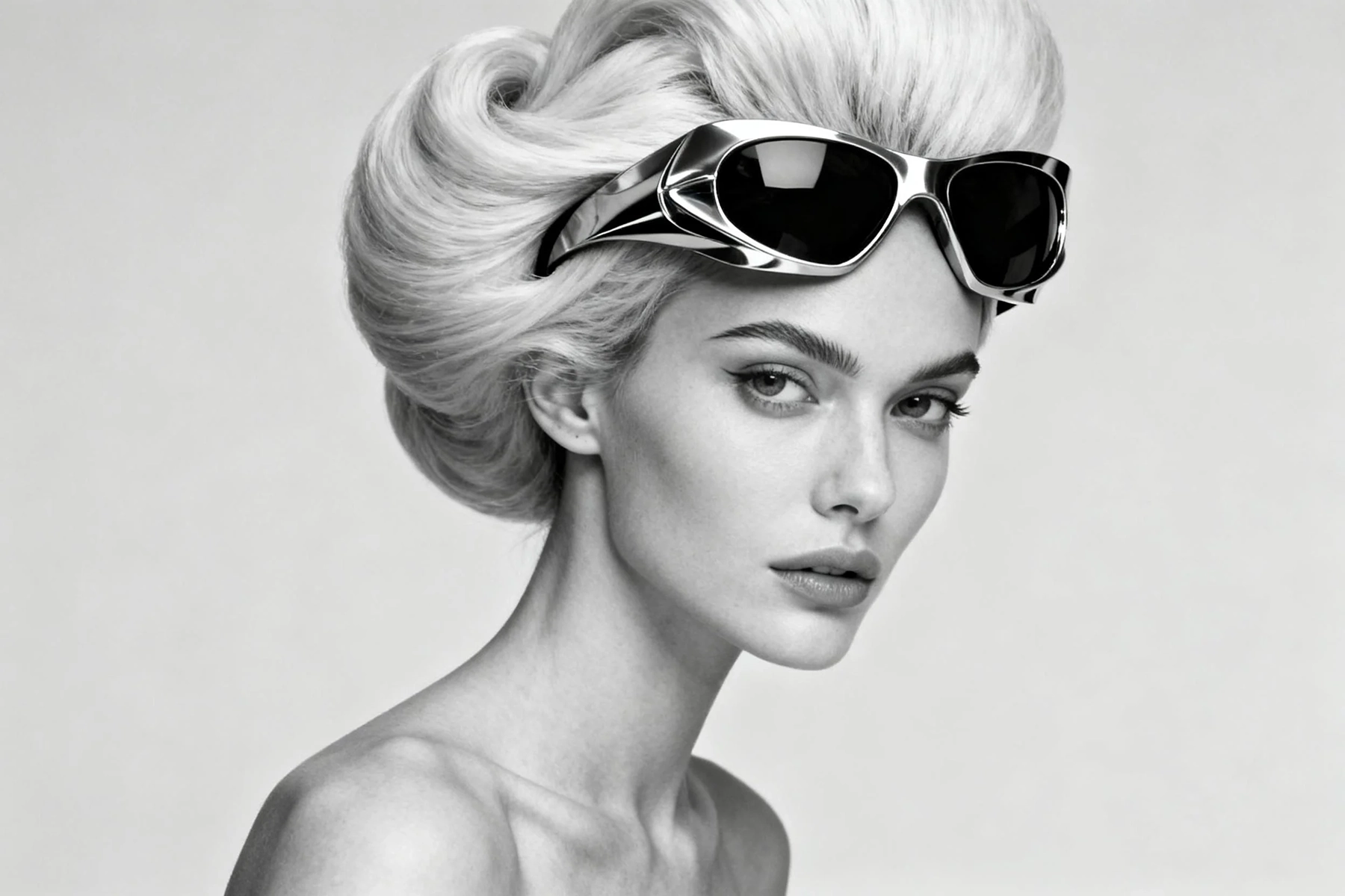 Black-and-white fashion portrait with metallic sunglasses